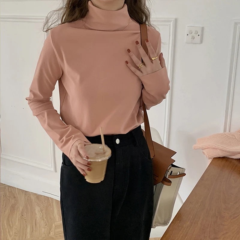 

Fashion High Neck Long Sleeve T-Shirt Woman Simple Solid Slim Base Women's Tees Autumn Casual White Pullover Women Tops Clothes