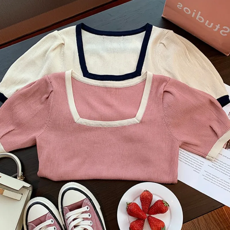 

Summer 2021 New Square Collar French Puff Sleeve Top Women Pink Knitted Short-Sleeved T-Shirt Design Niche