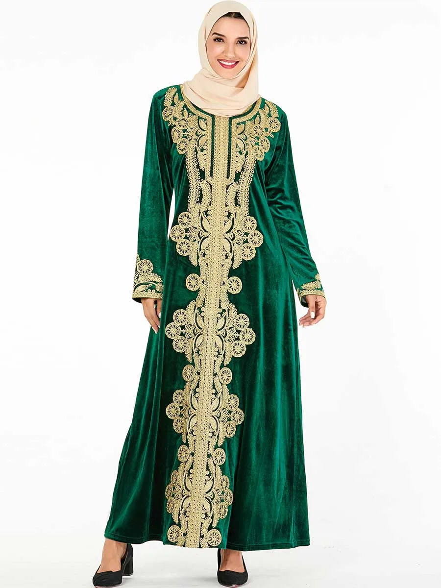 Элегантное мусульманское бархатное Макси платье с вышивкой Abaya винтажный