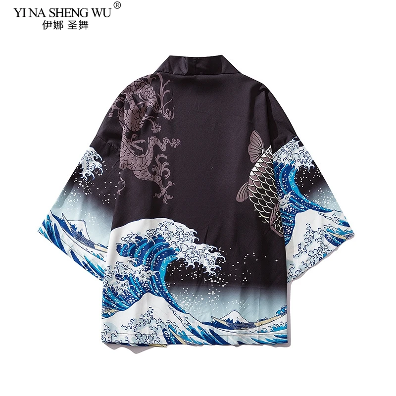 

Black Kimono Cardigan Women Men Japanese Obi Male Yukata Men's Haori Japanese Wave Carp Print Coat Traditional Japan Clothes New
