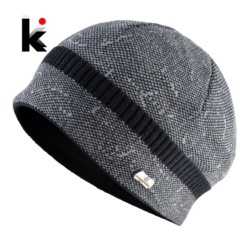 Зимние теплые вязаные облегающие шапки мужские Модные с разноцветным рисунком