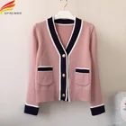 Кардиган женский трикотажный, голубой или розовый, с V-образным вырезом и карманами, Осень-зима 2020