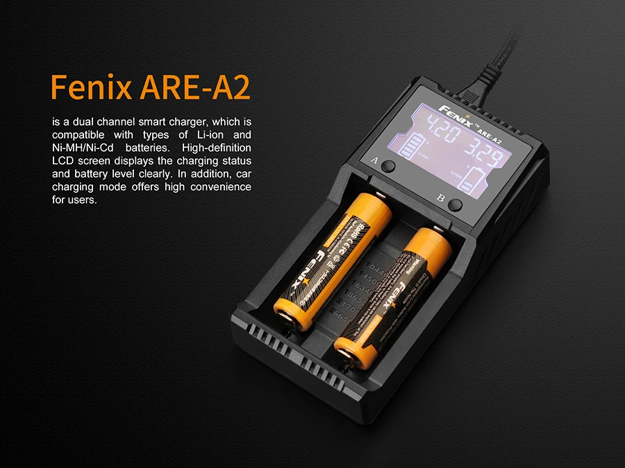 Fenix ARE-A2 четырехканальный смарт-зарядное устройство, совместимое с типами литий-ионных и Ni-MH/Ni-Cd батарей