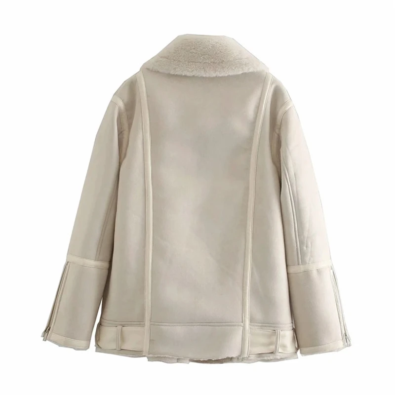 

YOSIBCD Women 2021 Fashion With Fur Faux Suede Thick Warm Jacket Coat Vintage Long Sleeve Pockets Female Outwear Chic Tops