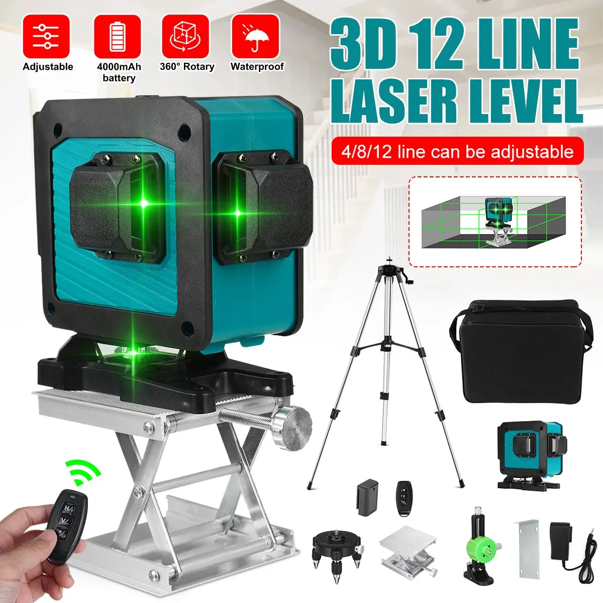 

Laser Level 12 Lines 3D Self-Leveling 360 Horizontal And Vertical Cross Super Powerful Green Laser Beam Line