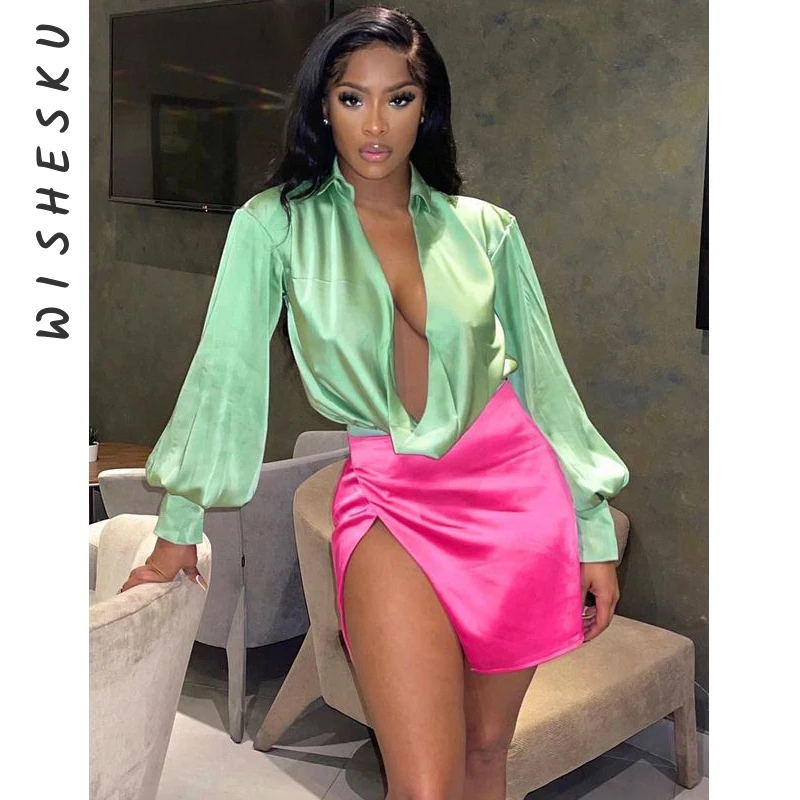 

Women Sexy V Neck Satin Casual Long Sleeve Green Bodysuits Mesh Patchwork Short Rompers 2021 Fall Party Club Elegant Outfits