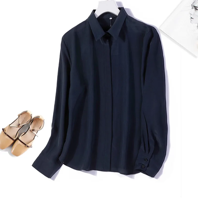 

Женская рубашка с длинным рукавом, блузка с воротником, из шелка тутового крепа, темно-синего цвета, на пуговицах, для офиса и работы, Размеры...