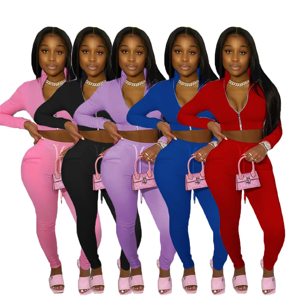 

Autumn Winter Solid Two Piece Sets Women Sweat Suits 2020 Workout Turtleneck Zipper Crop Top and Pants Sporty Casual Tracksuits