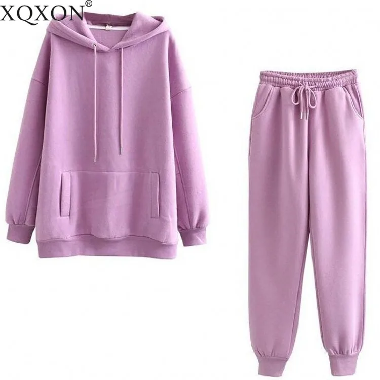 

2021 Autumn Winter Women two piece outfits thick fleece 100% cotton suit 2 pieces sets women hoodies sweatshirt and pants suits