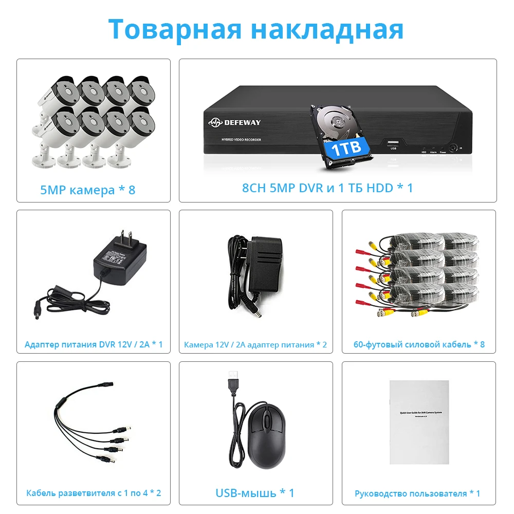 DEFEWAY видеонаблюдение 5mp камера безопасности Система H.265+ HD 8CH видео CCTV 8 камера наружная Водонепроницаемая камера комплект 1 ТБ HDD