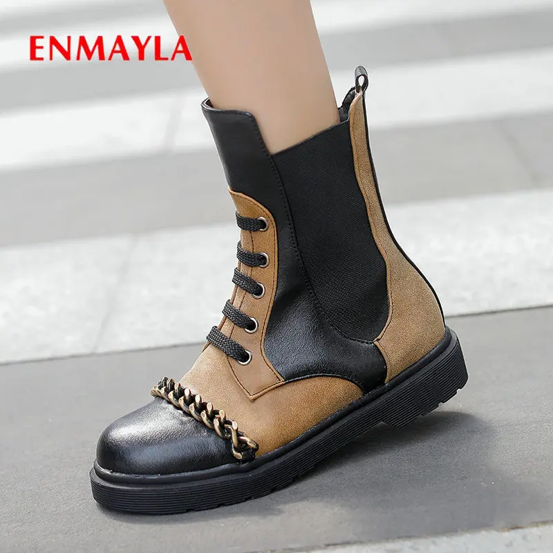 

ENMAYLA 2019 Boots Women Fashion PU Lace-Up Mid-Calf Basic Short Plush Round Toe Warm Square Heel Winter Shoes Women Size 34-43