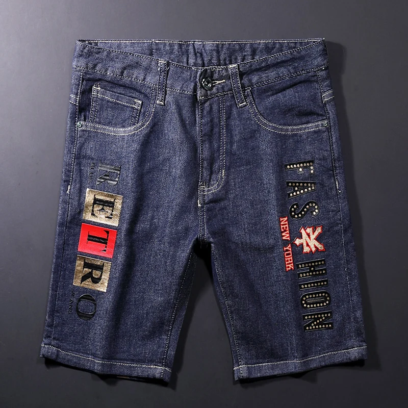 

Summer Vintage Fashion Men Jeans Shorts Retro Black Blue Unwashed Raw Denim Shorts Men Patches Designer Hip Hop Short Jeans