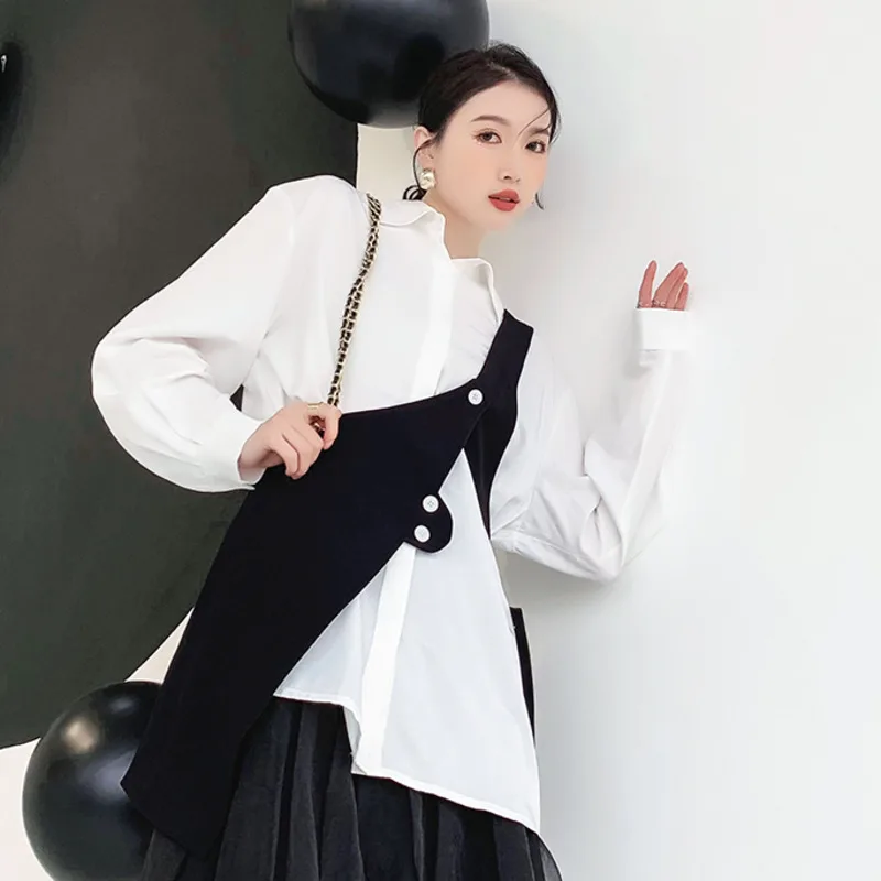 

LANMREM White Blouse for Women Long Sleeves with Black Irregular Vest Female Cool Tops 2021 Spring Autumn New Arrivals 2A3294