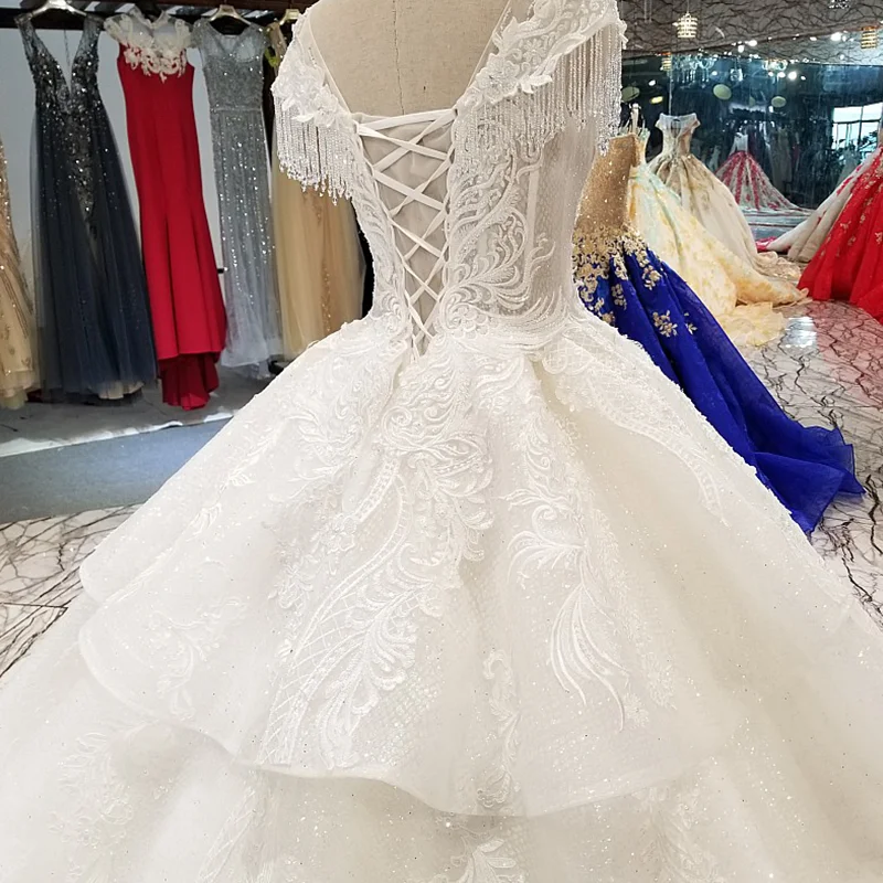 

LS34449 cap sleeve wedding dress with beads o-neck sweetheart cheap beauty bridal wedding dressing gown china 2018 latest design