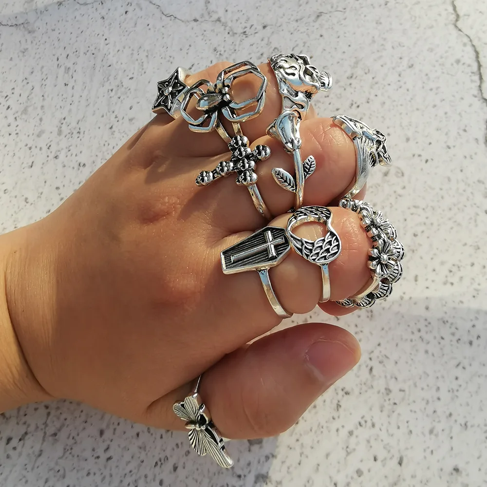 Gothic Stainless Steel Rings Women Men Butterfly Skull Heart Flower Angel Ring Multi-Element Silver Charm Punk Halloween Jewelry | Украшения
