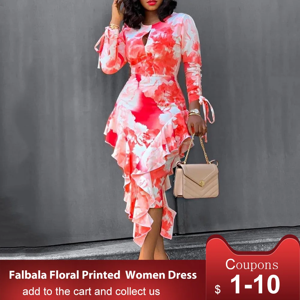 Женское платье с оборками и цветочным принтом длинным рукавом | Женская одежда