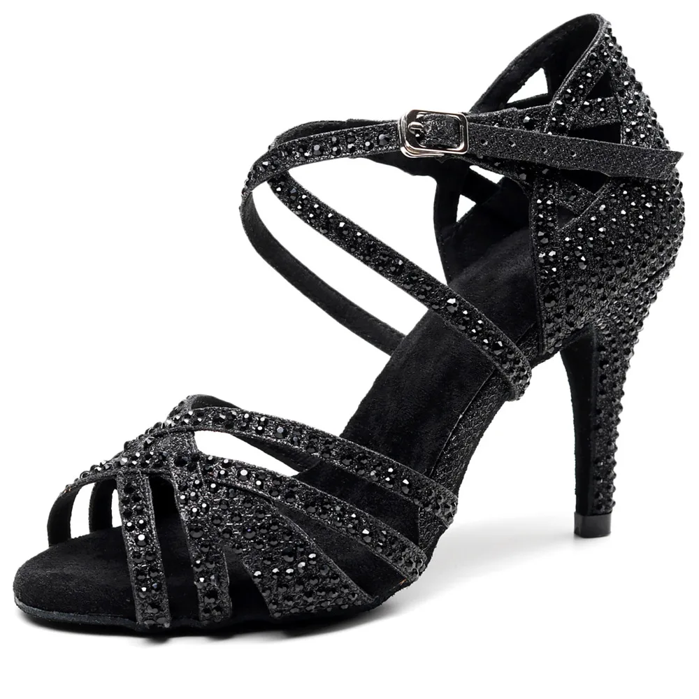 Ballroom Outdoor Dance Salsa Dancing Ladies Purple Social Professional Heel Women Latin Dance Shoes Black Rinestone