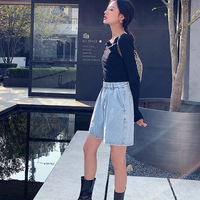 

Vintage Shorts Women Summer Blue Denim Shorts Womens 2021 Fashion Ladies Plus Size Wide Leg High Waist Jeans Shorts Femme 9001