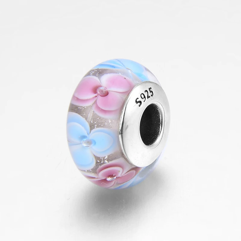 Яркие серебристые синие розовые красные бусины из муранского стекла с цветами