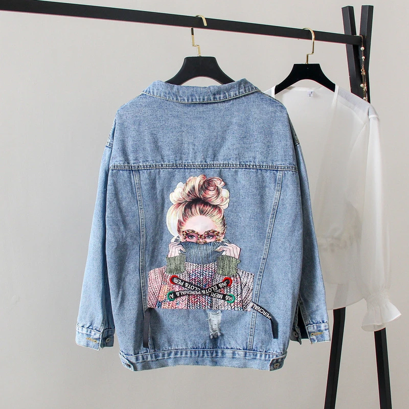 Куртка женская потертая с принтом Свободное пальто из денима дырками для девушек