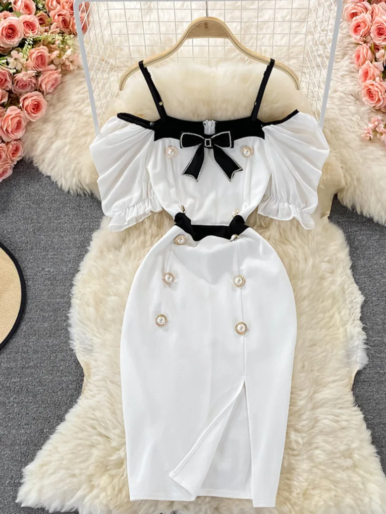 

2021 New Female Sexy Contrast Suspender Dress Women Off Shoulder Breasted Dresses Split Buttock Wrap Strap Dress