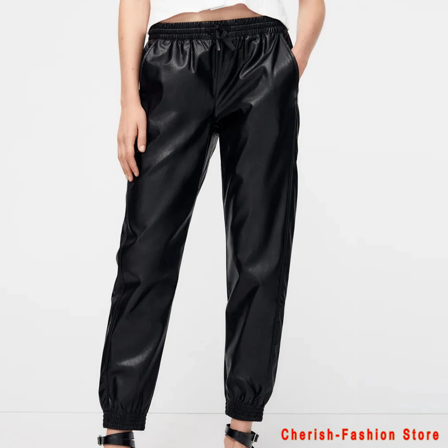 

Women Fashion Side Pockets Faux Leather Jogging Pants Vintage High Elastic Waist Drawstring Female Ankle Trousers High Waist