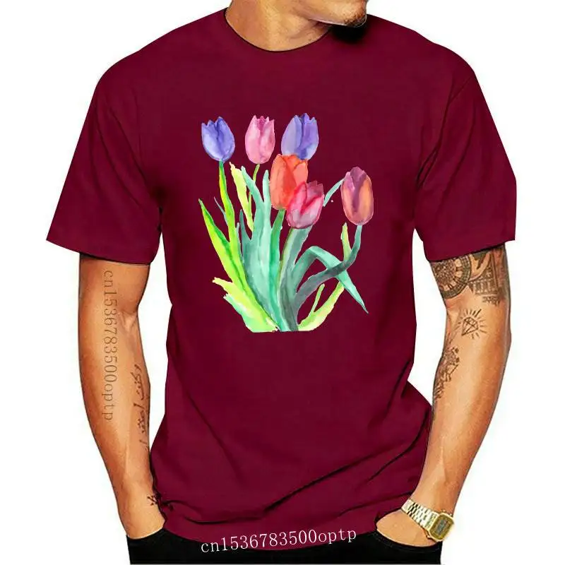 

New Pretty Watercolor Tulips Print T-Shirt Summer Fashion Women T-Shirt Colorful Flower Design Art Girl Casual Tops Woman White