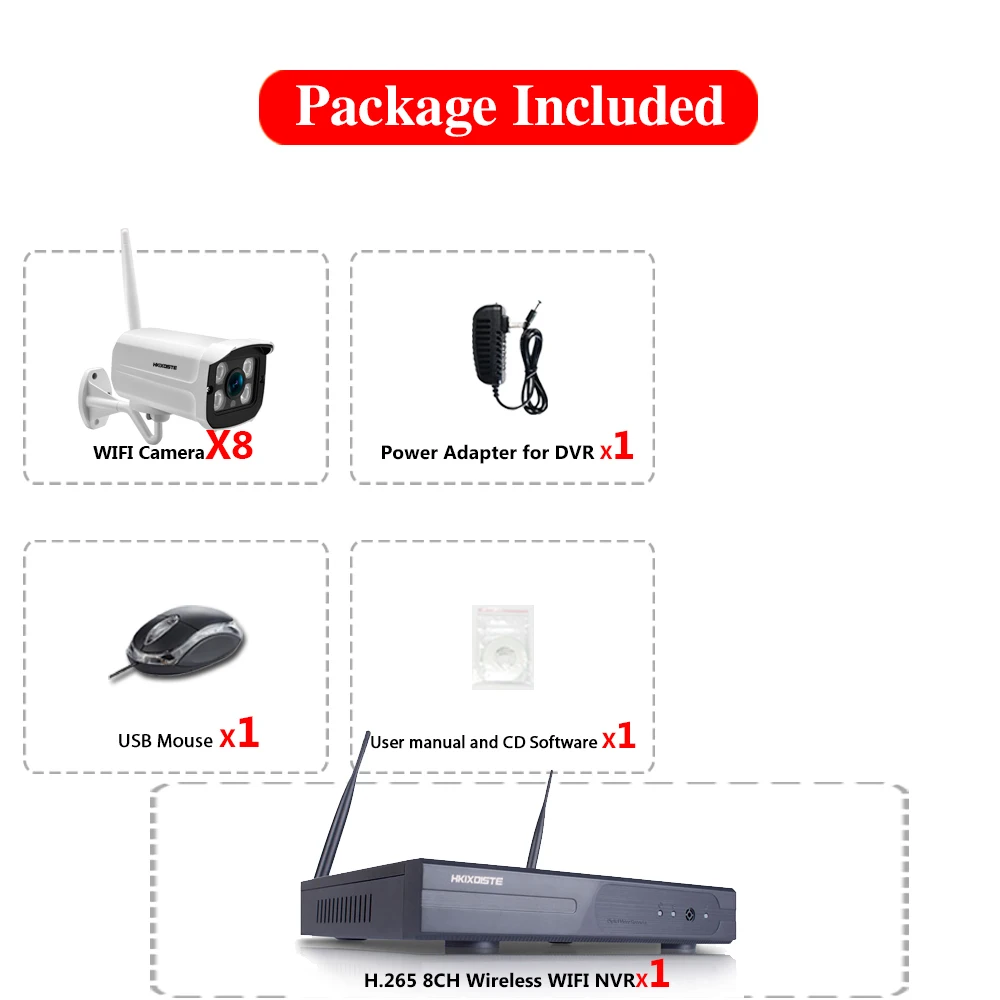 8CH CCTV система Беспроводной NVR 8 шт. 2.0MP ИК Открытый P2P wifi IP камера видеонаблюдения