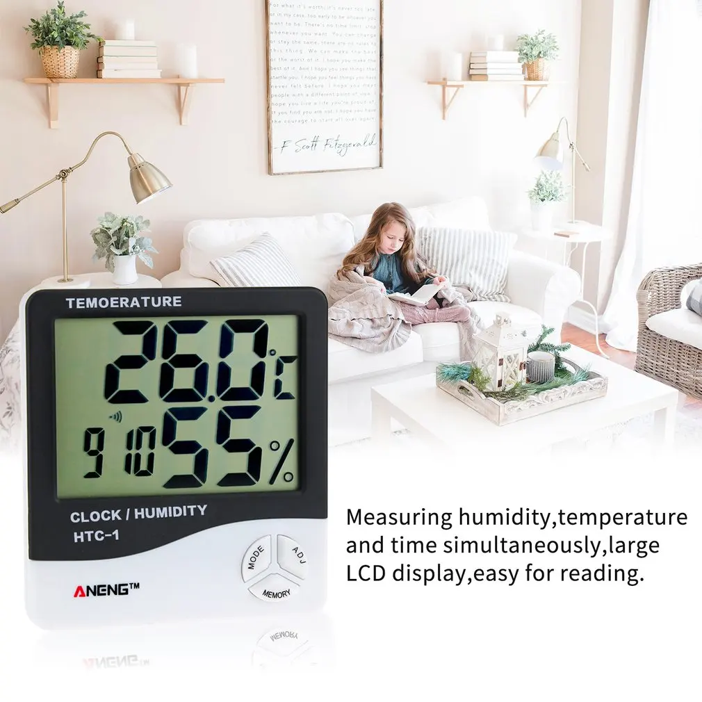 2018 htc 1 indoor lcd electronic digital temperature humidity meter digital thermometer hygrometer alarm clock weather station free global shipping