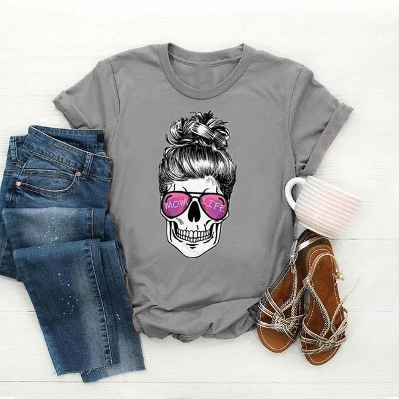 

Mom Life Skull Head Print T Shirt Women Short Sleeve O Neck Loose Tshirt Summer Women Tee Shirt Tops Camisetas Mujer