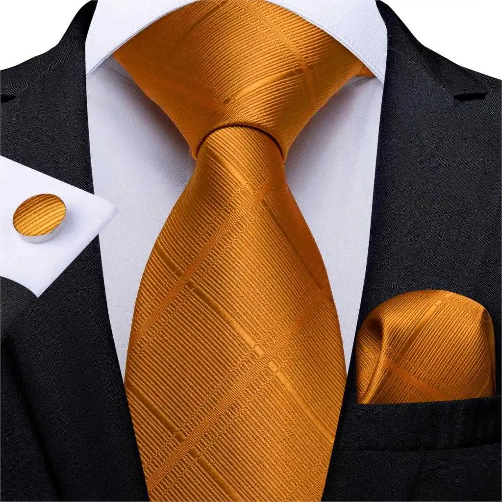 

Orange Striped Solid Plaids Fashion Men's With Hanky Cufflinks Silk Neck Ties For Men Wedding Party Neckties