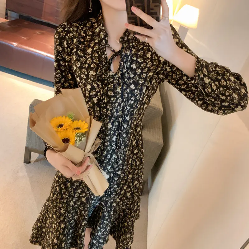 

Women Chiffon Dress Spring Autumn Vintage Floral Print A-line Dresses Long Sleeve Plus Size Black Long Dress Casual Vestidoes