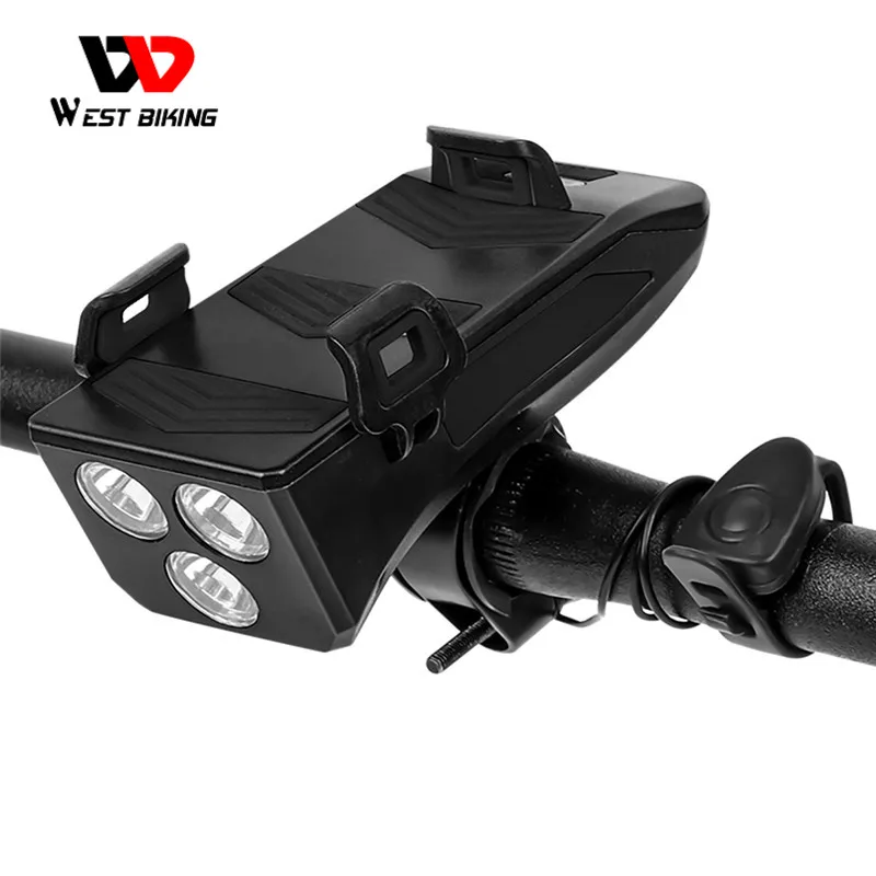 

WEST BIKING 4 In 1 Bike Lamp Front Horn Light Phone Holder Alarm Bell Power Bank MTB Bike Accessories Cycling LED Flashlight
