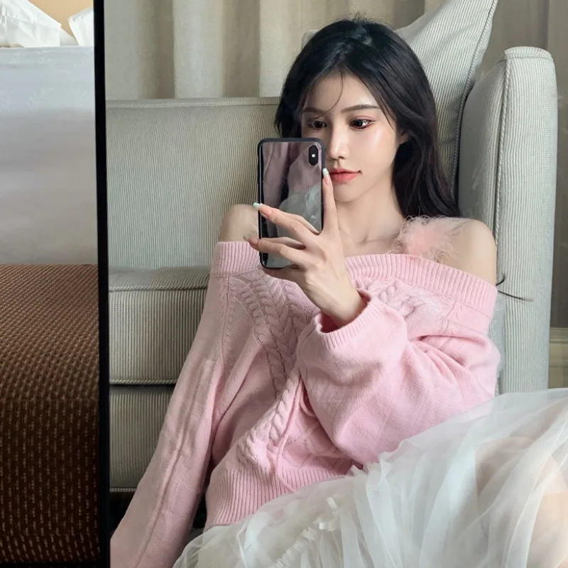 Женский свитер оверсайз с открытыми плечами свободного покроя | Женская одежда