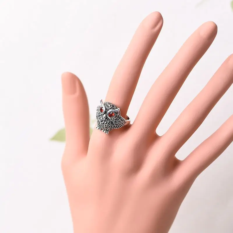 V. YA 925 Серебряное кольцо с совой, ювелирное изделие, модный марказит, камень, красный циркон, серебряные кольца для женщин, регулируемый размер, bague