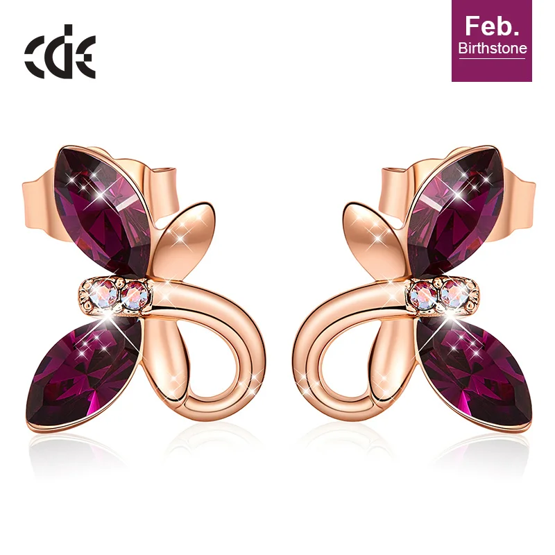Feb CDE женские золотые ювелирные серьги, украшенные кристаллами Swarovski, милые серьги-бабочки из розового золота 18 К, модное ювелирное изделие - Цвет камня: Feb