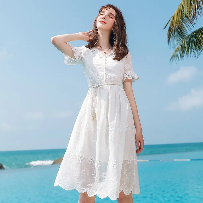 

Fannic 2020 summer dress flower embroidery temperament lady a word lace dress