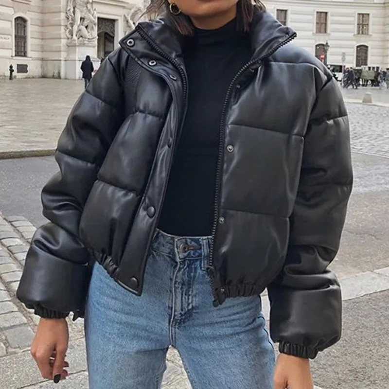 2022 Black Short Parkas PU Leather Jacket Ladies Winter Jacket Women Parka Coat Fashion Streetwear Clothes Solid Casual Outwear
