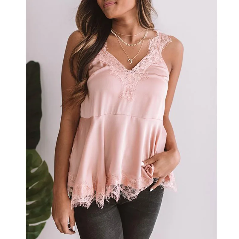 Летний сексуальный розовый кружевной топ без рукавов на бретельках с v-образным