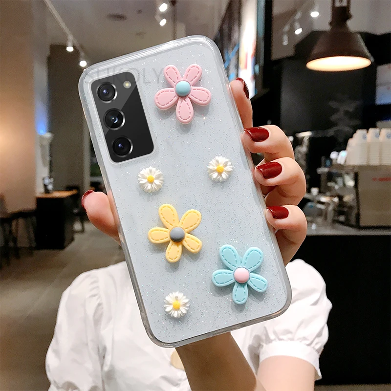 

Glitter 3D Flowers Soft Epoxy Phone Case For Samsung Galaxy A51 A71 Case A30 50 A70 Note 20 Ultra S10 Shockproof Clear S20 Case