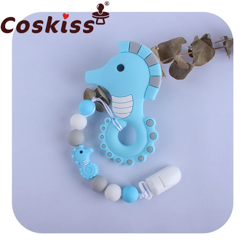 Coskiss 1set hipocampo de silicona beb&eacute; chupete Teethinng cadena lindo beb&eacute; mordedores mordedor para beb&eacute; Molar productos regalo-0
