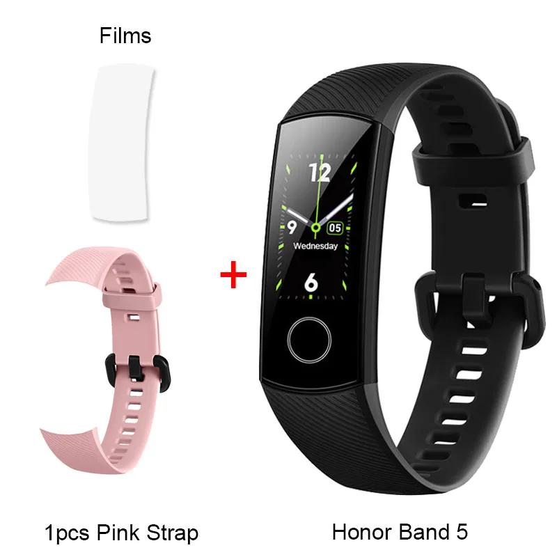 Black Add Pink Strap Honor Band 5 Смарт-браслет AMOLED сенсорный цветной экран для плавания Обнаружение пульса 5ATM водонепроницаемый Honor Band - Цвет: Black Add Pink Strap