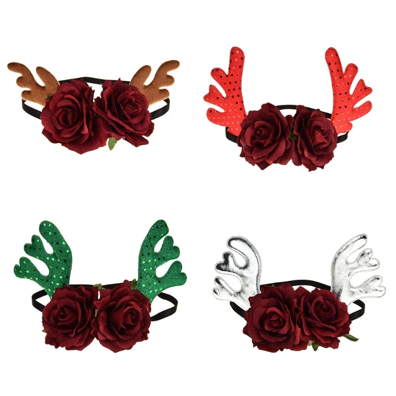 

2022 New Christmas Rose Flower Wreath Boho Artificial Floral Decoration Headpiece with Elastic Band for Ceremony Party Festival