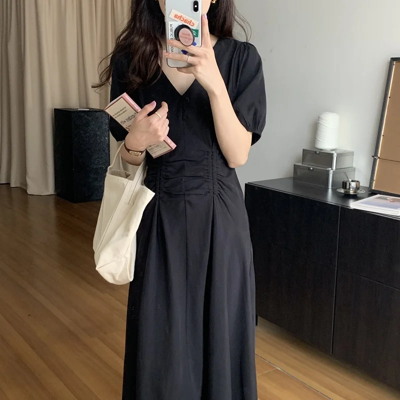 

New 2021 Women Summer Dresses High Waist Ruched Minimalist V-Neck Korean Elegant Vintage Wild Lady Long Dress E766