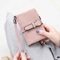 matte leather women short wallets solid color coin purses female zipper hasp credit cards holder wristband clutch money clip