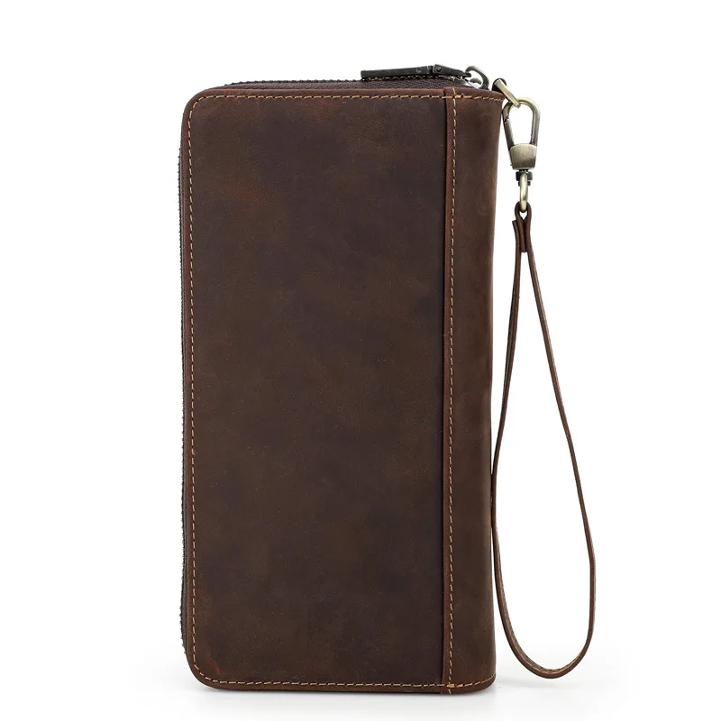 HOT Genuine Crazy Horse Cowhide Leather Men Wallet Long Wallet With Coin  Bag Cluth Vintage Wallets Brand High Quality Designer