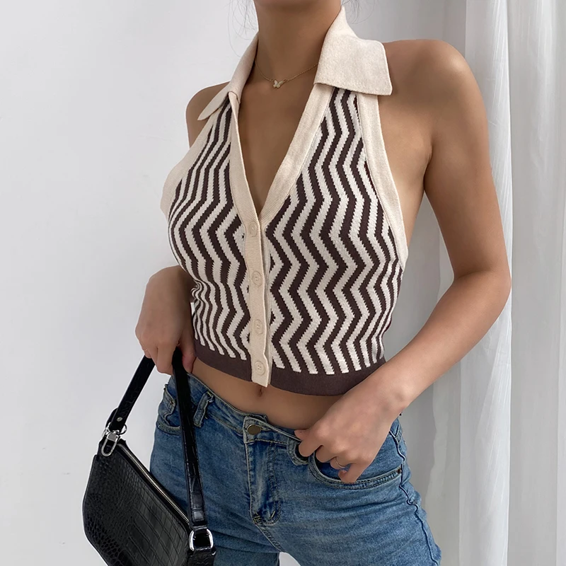 

Streetwear Halter Sleeveless Knitted Crop Top Women Sexy Backless Y2K Tank Top Autumn Print V Neck Vest Ladies Button Knitwear