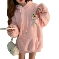 2022 autumn and winter new fashion korean version loose fleece thickening hooded jacket top super fire lamb wool sweater women