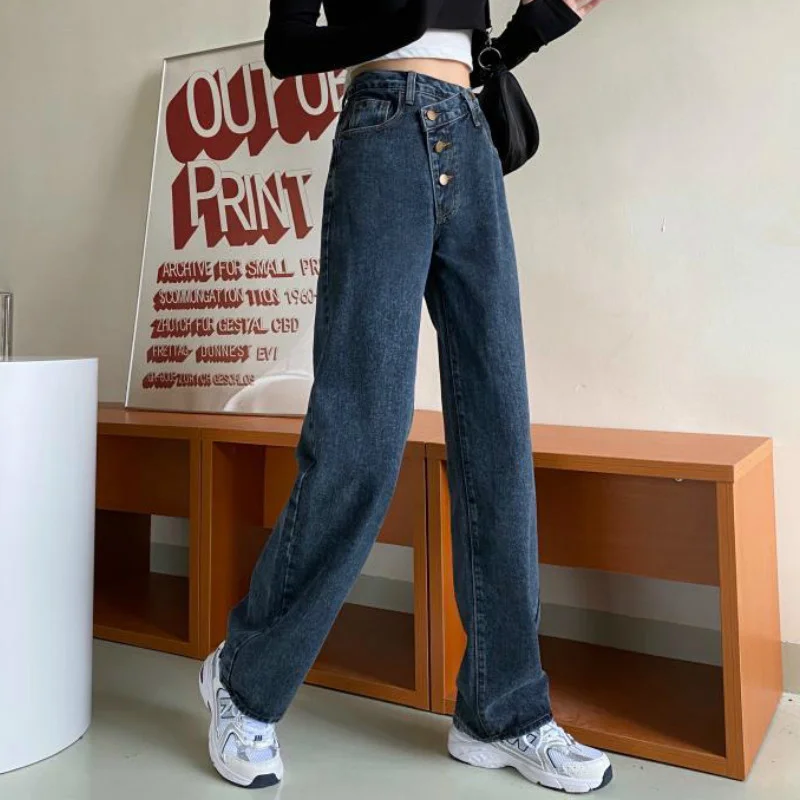 

Jeans Women High Waist Loose Harajuku Abdomen Irregular Buttons Ladies Denim Prevalent Fashionable Creativity All-match Ulzzang