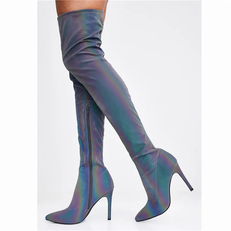

New colorful contrast pointed shoes, slim over the knee elastic boots, super-high slim heel, serpentine large shoes